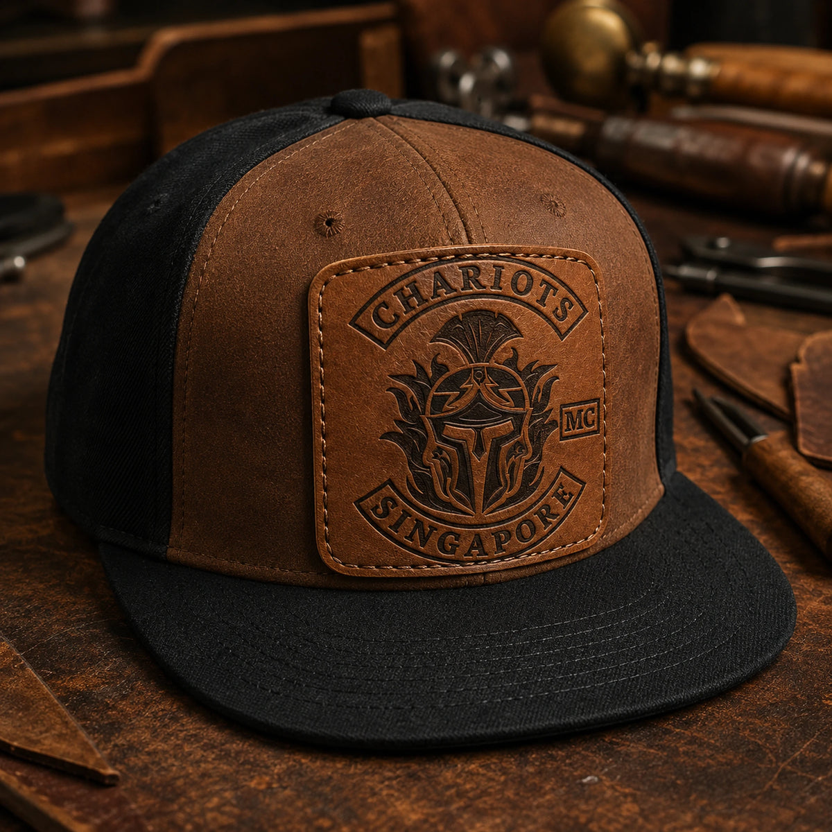 A brown-and-black motorcycle club flat-brim cap carries a rugged debossed leather logo patch.