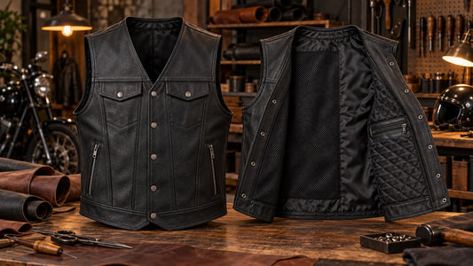 Motorcycle club leather vest showing practical pocket layouts and several lining options.