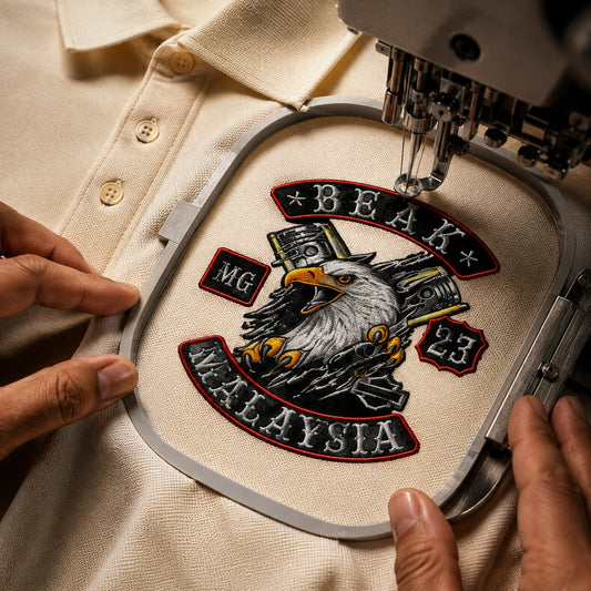Close-up of a Beak MG emblem being embroidered on the left chest of a cream polo, with raised thread visible.