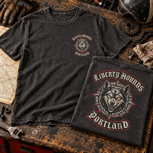 Vintage-washed Liberty Hounds short-sleeve club T-shirts with distressed chest and back prints.