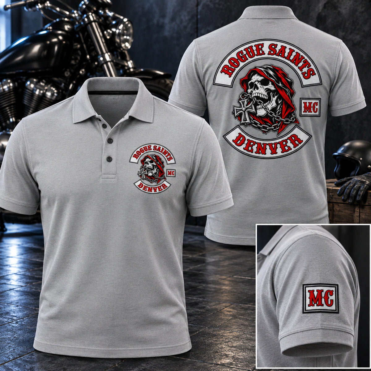 Light grey Rogue Saints Denver motorcycle club polo samples display chest, sleeve and large back logo treatments on dark slate.
