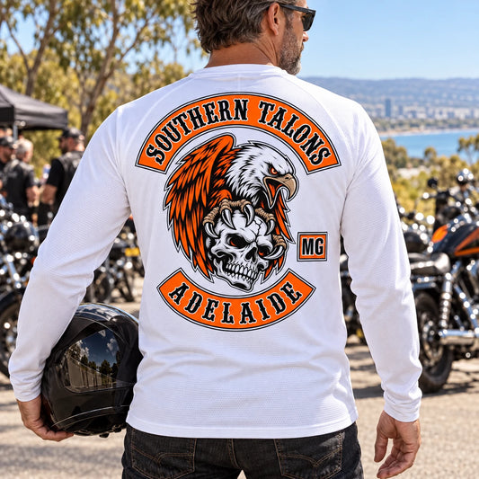 Lightweight technical motorcycle club long-sleeve shirt designed for warm-weather rides.