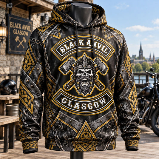 Lightweight Black Anvil Glasgow motorcycle club polyester hoodie with full-coverage artwork and a smooth drape for mild conditions.