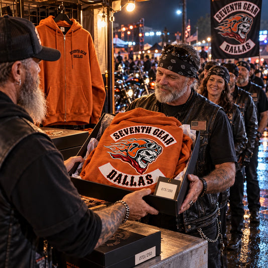 Numbered burnt-orange motorcycle club hoodie being handed to a member at a night rally merchandise booth.