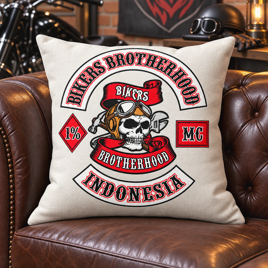 Textured linen-look motorcycle club cushion displayed in a refined chapter lounge.