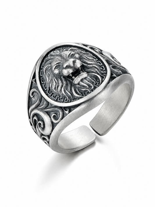 Lion Head Sterling Silver Biker Ring - product view