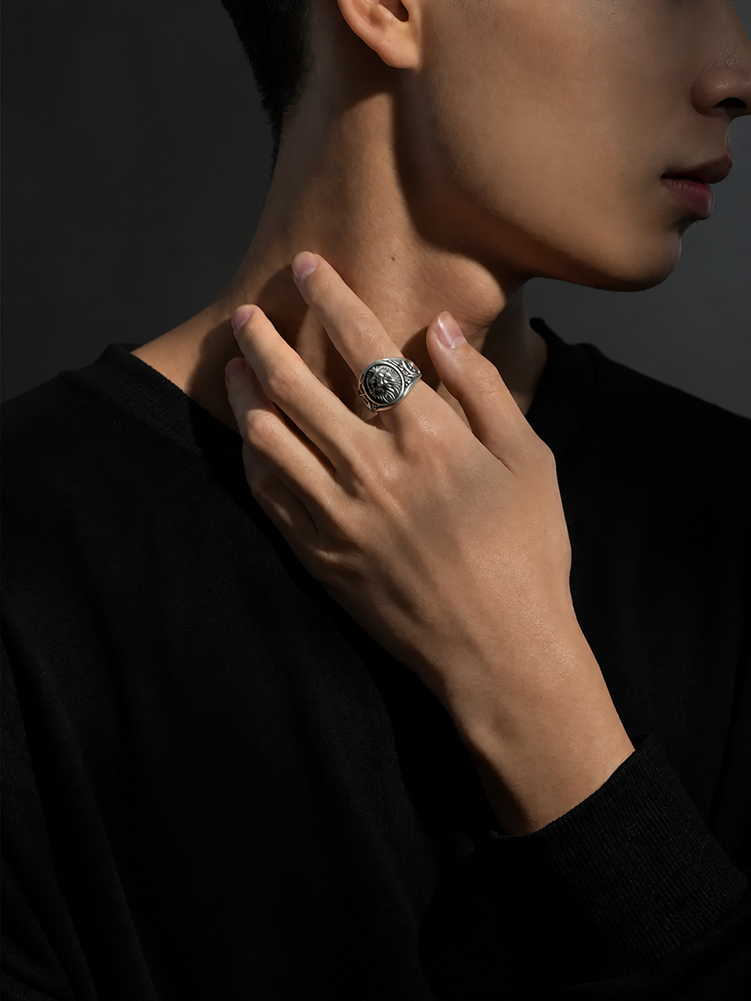 Lion Head Sterling Silver Biker Ring - product view 4