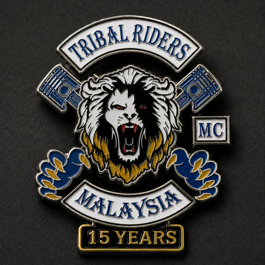 Logo-shaped motorcycle club anniversary pin following the outline of the approved club emblem.