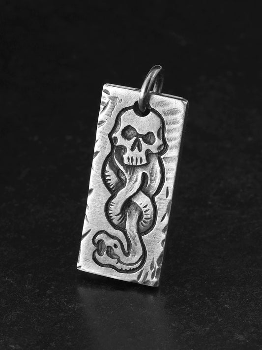 Front view of skull snake sterling silver biker dog tag pendant