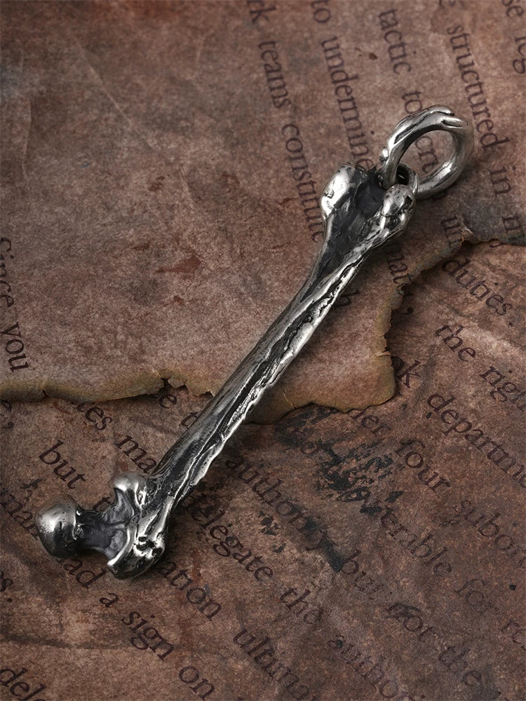 Long bone sterling silver gothic biker pendant front view