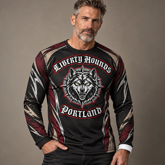 Custom long-sleeve sublimated motorcycle club performance T-shirt.