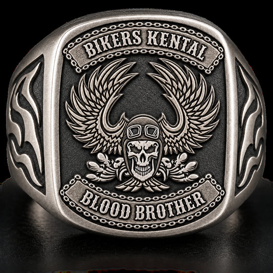 Low-relief motorcycle club ring with controlled depth and a solid logo surface.