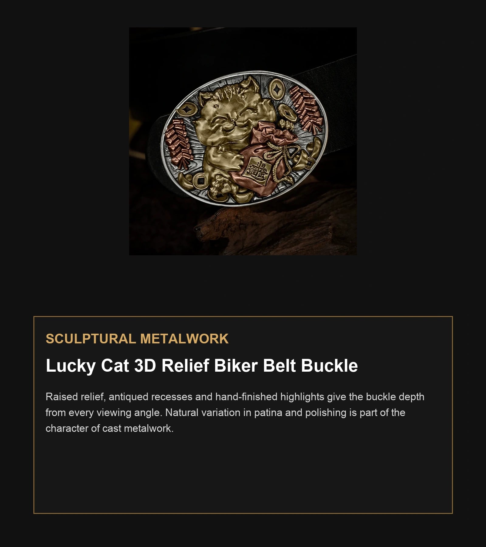 Lucky Cat 3D Relief Biker Belt Buckle craftsmanship guide in English