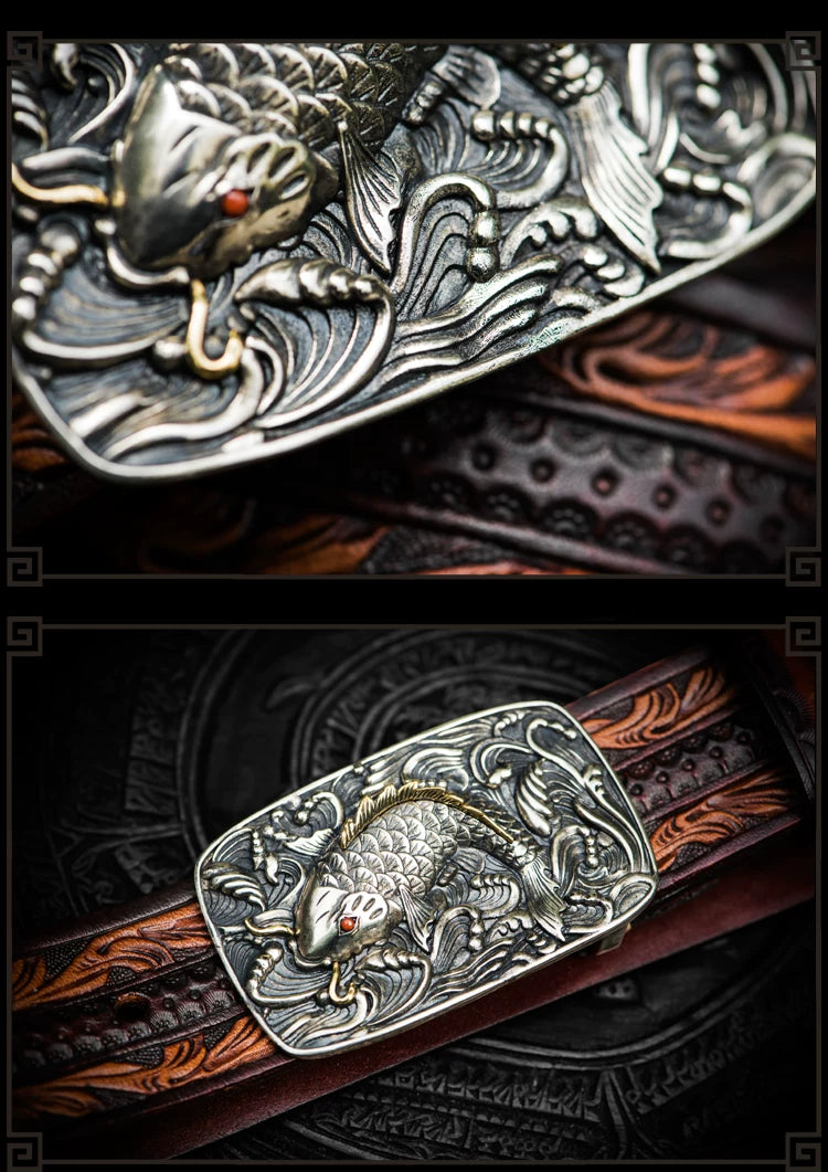 Lucky Koi Tooled Full-Grain Leather Biker Belt with Brass Buckle – Hand-finished leather detail