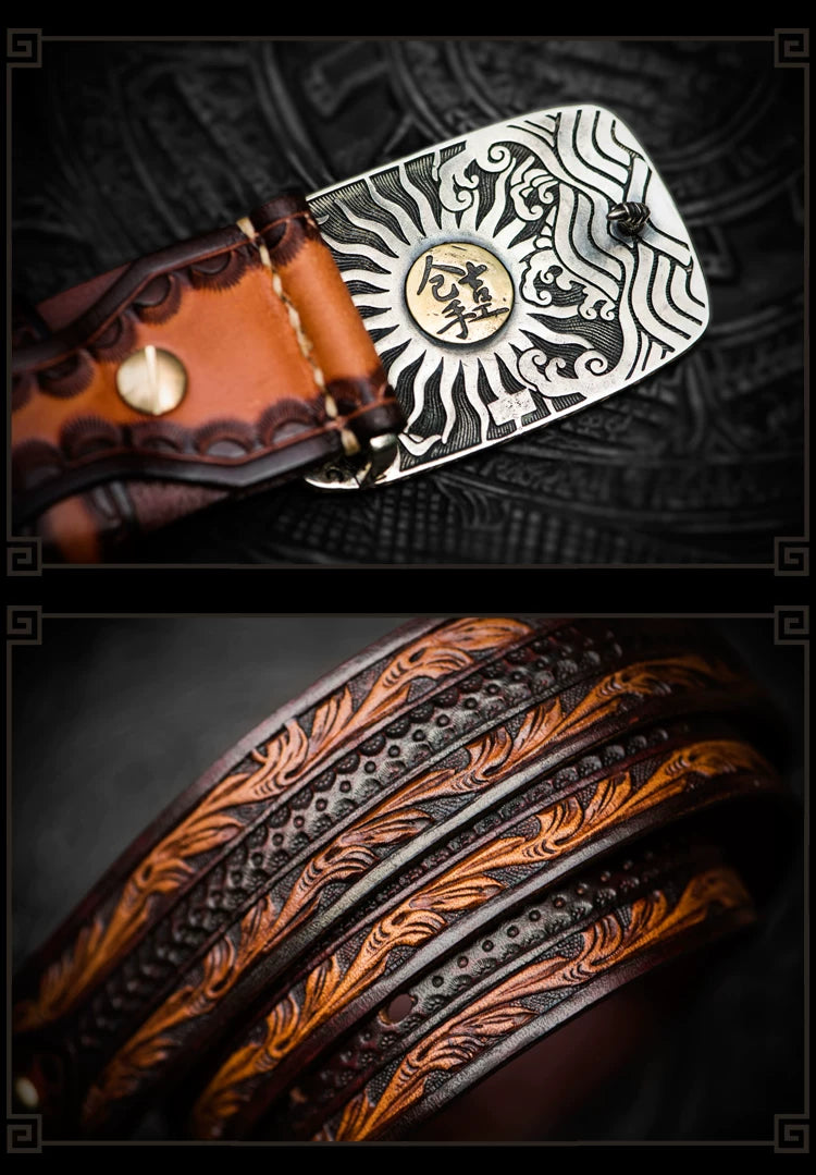 Lucky Koi Tooled Full-Grain Leather Biker Belt with Brass Buckle – Koi leather tooling detail
