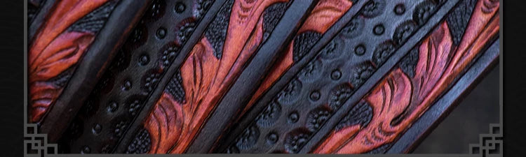 Mahakala Tooled Full-Grain Leather Biker Belt with Copper Buckle – Copper buckle detail