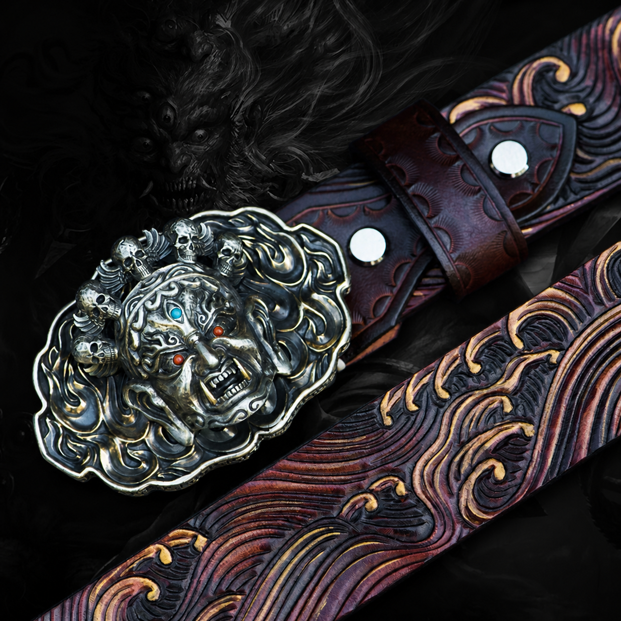 Mahakala Tooled Full-Grain Leather Biker Belt with Copper Buckle – Mahakala wave product view