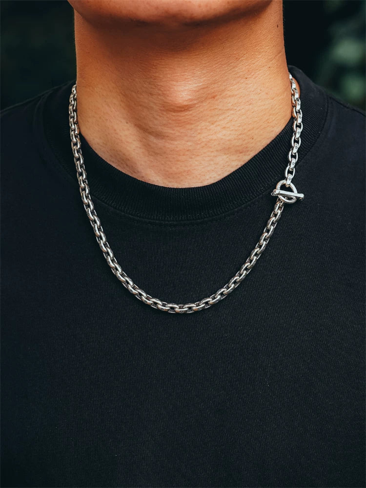 Sterling silver Maltese cross link biker necklace worn with black shirt