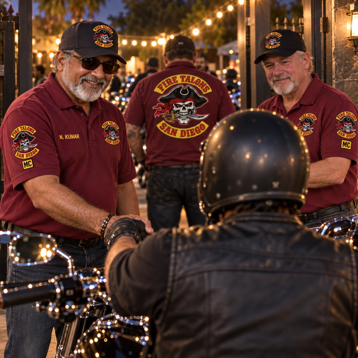 Fire Talons San Diego motorcycle club gate volunteers wear maroon polos with member name, sleeve embroidery and a large back logo.