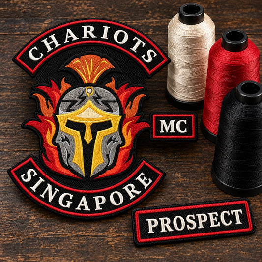 Match approved thread colors shown as a custom motorcycle club membership patch product.