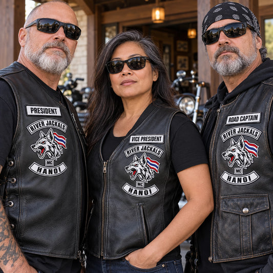 Coordinated officer title patches on distinct leather cuts for a motorcycle club, shown at clubhouse lineup.