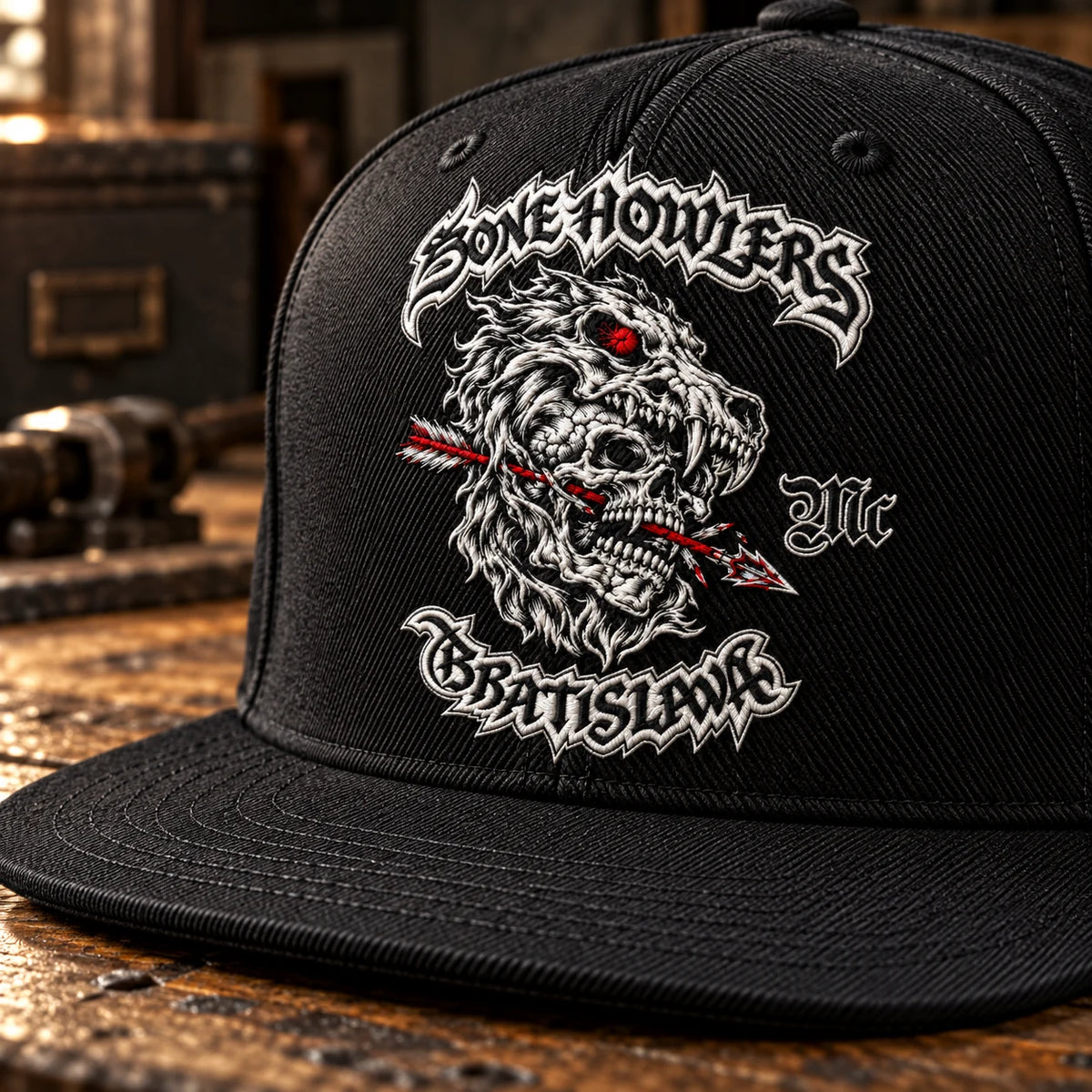 Una gorra de ala plana de un motoclub negro, en primer plano, muestra un tejido de sarga de algodón duradero y bordados.