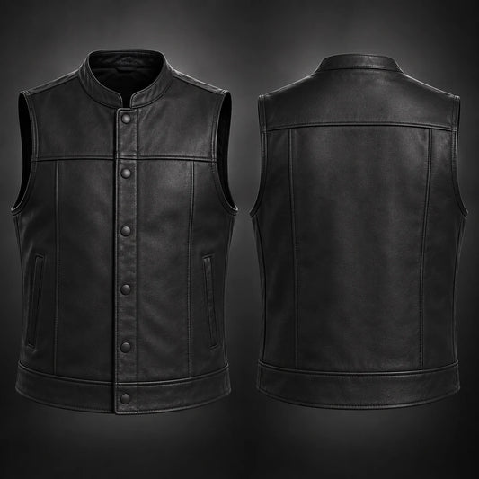 Matte-black motorcycle club leather vest showing a low-sheen finish.