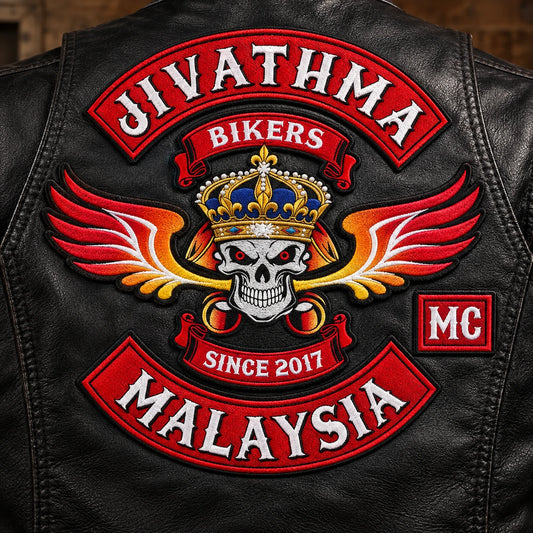 Motorcycle club MC, name-bar and chest patches in a coordinated set.
