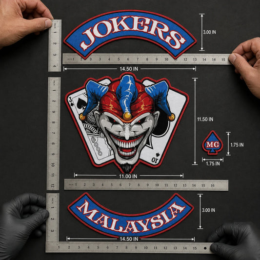 Existing motorcycle club center patch and rocker components measured individually for replacement production.