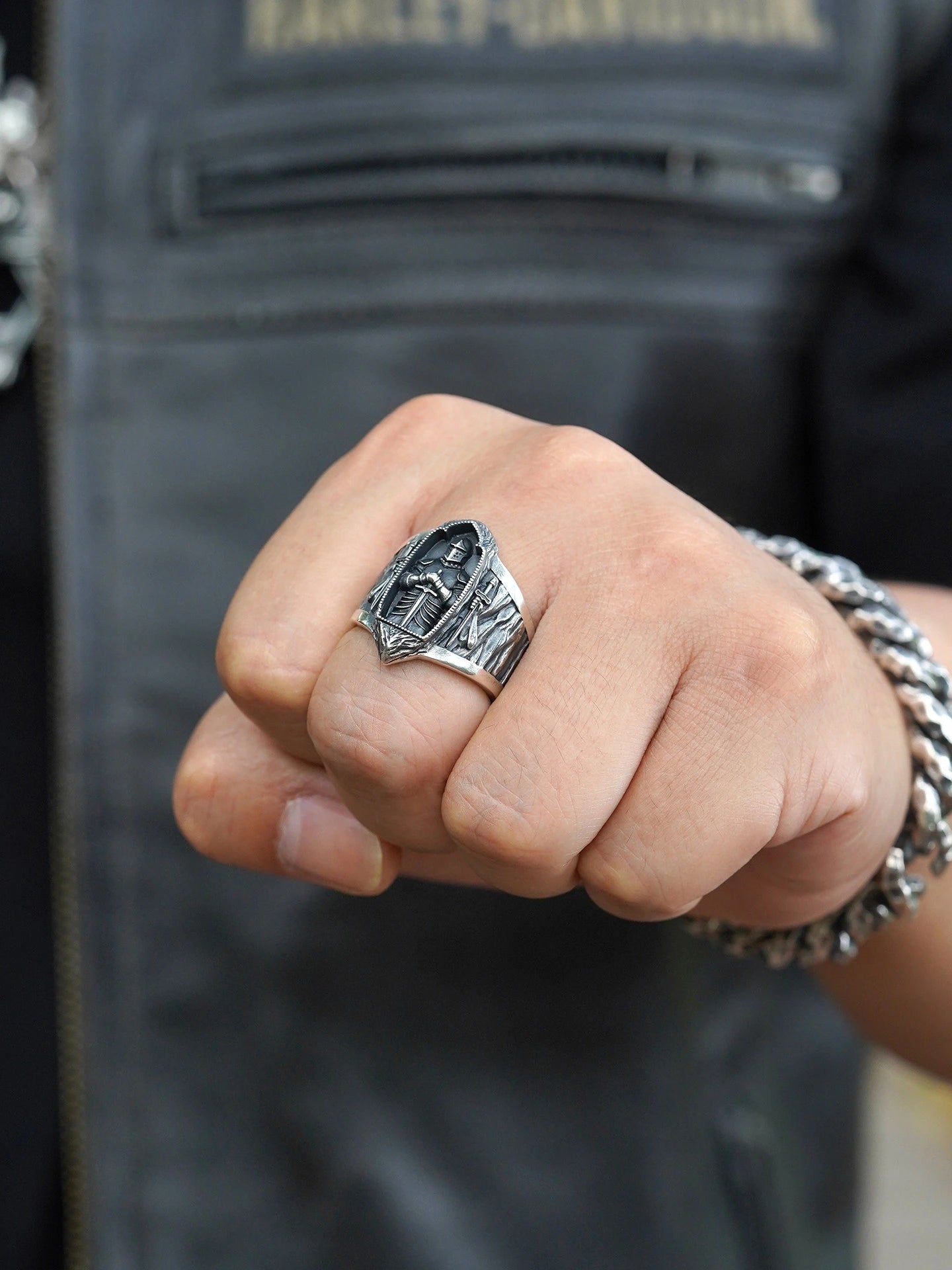 Medieval Templar Shrine 925 Sterling Silver Biker Ring product view 3