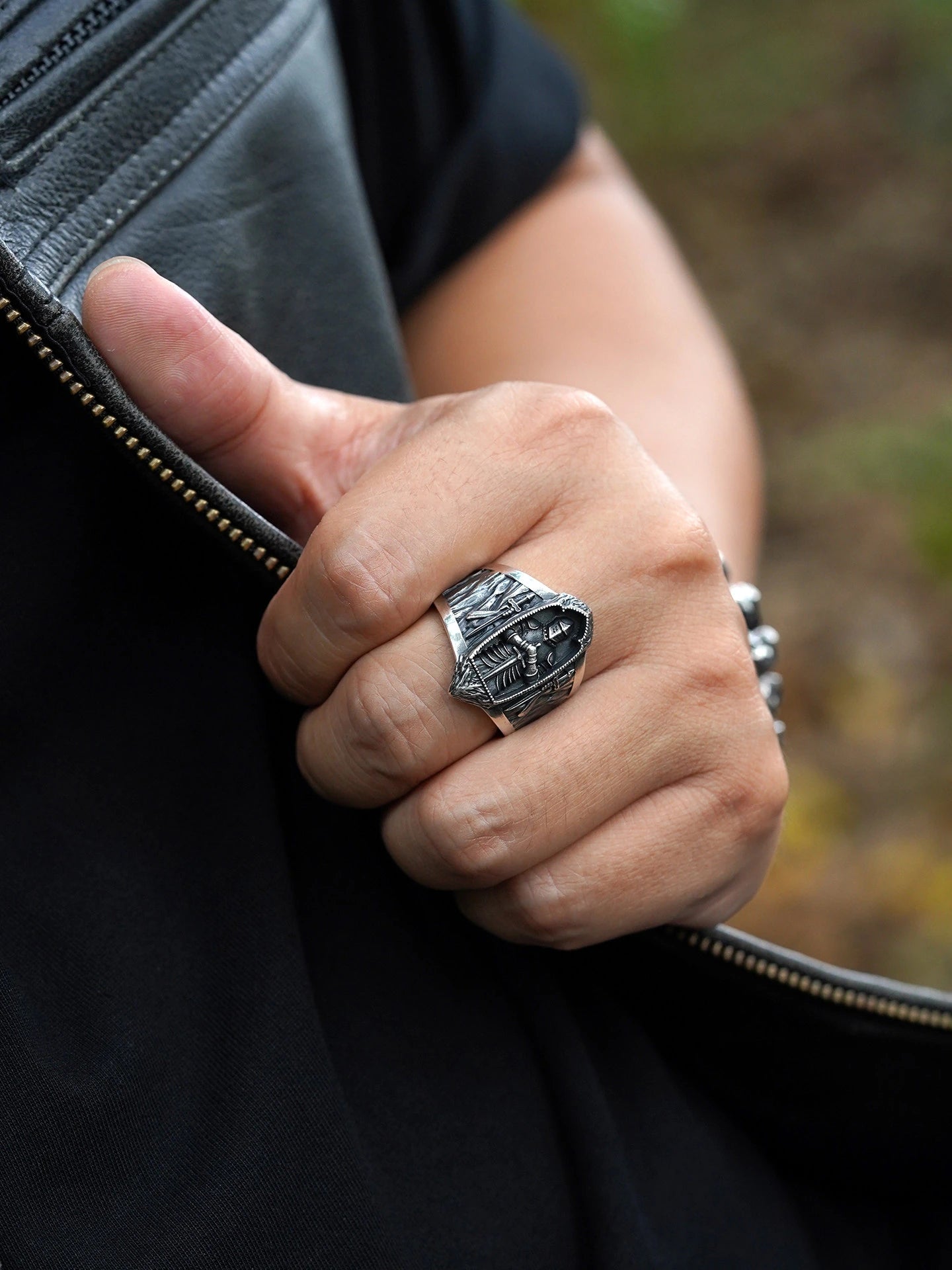 Medieval Templar Shrine 925 Sterling Silver Biker Ring product view 4