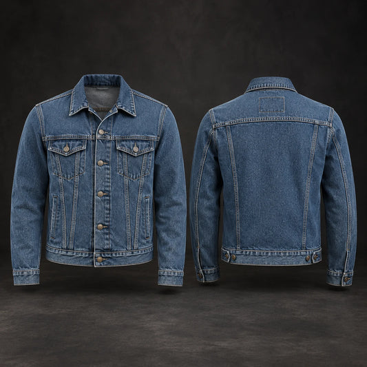 Medium-blue motorcycle club denim jacket with a balanced wash.