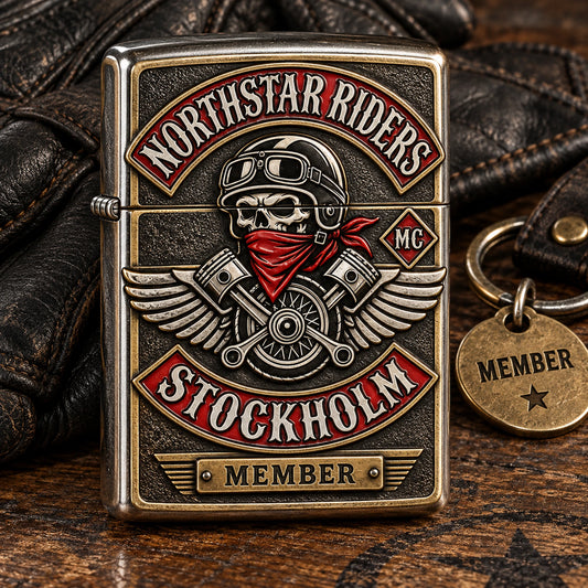Coordinated member-edition motorcycle club lighter beside black leather riding gloves.