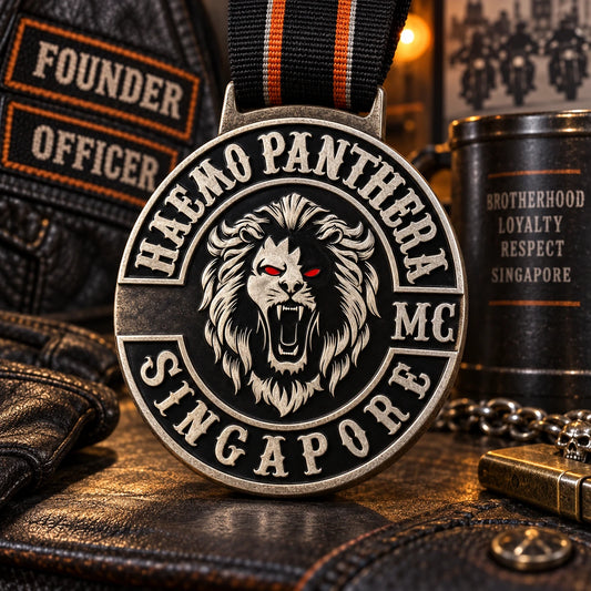 Heavy antique-silver founder and officer recognition medal. Custom motorcycle club medal.