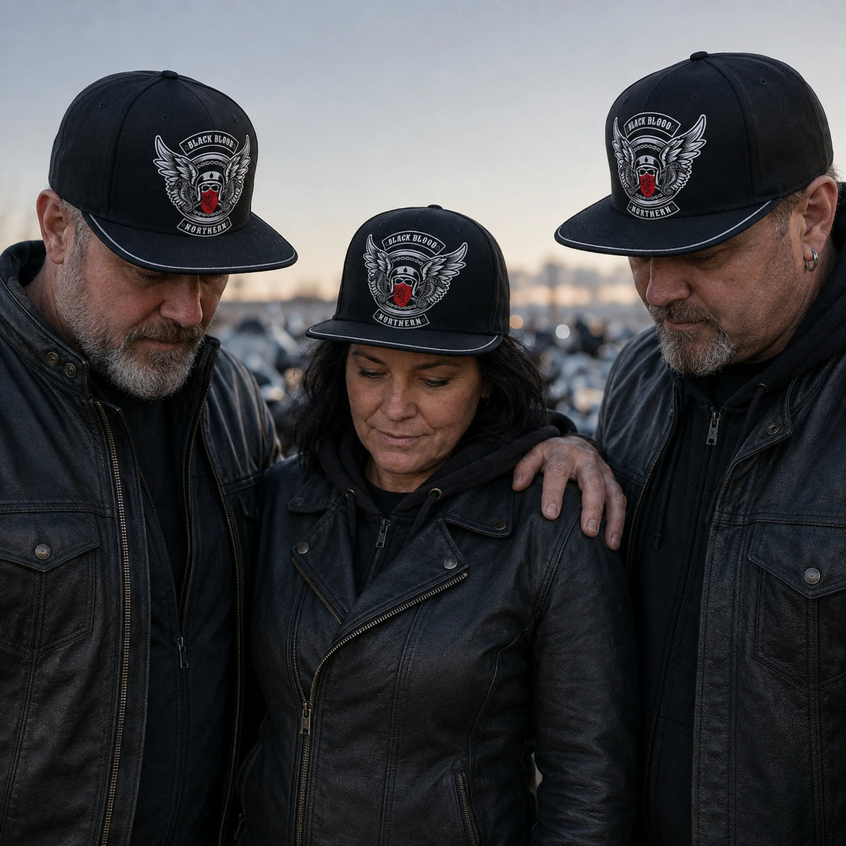 Motorcycle club riders wear coordinated black flat-brim caps while gathering for a respectful charity ride.