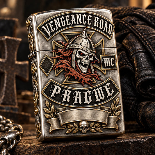 Respectful memorial lighter with an authorized motorcycle club emblem and engraved tribute