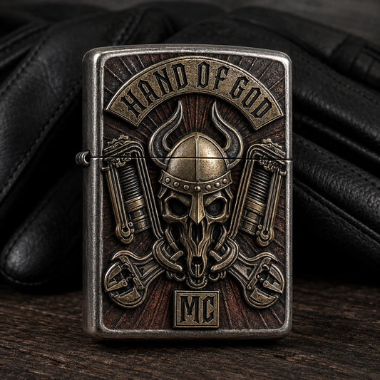 Respectful memorial lighter with an authorized motorcycle club emblem and engraved tribute