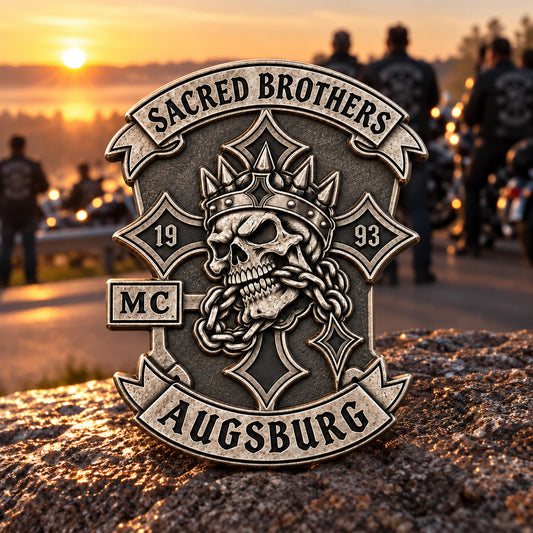 Antique silver memorial pin created around an approved motorcycle club emblem.