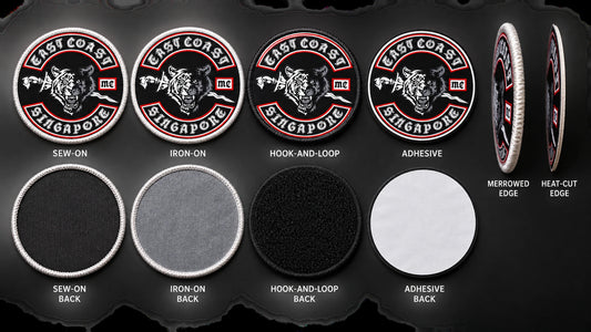 Motorcycle memorial patch backing and edge options shown in a complete comparison.