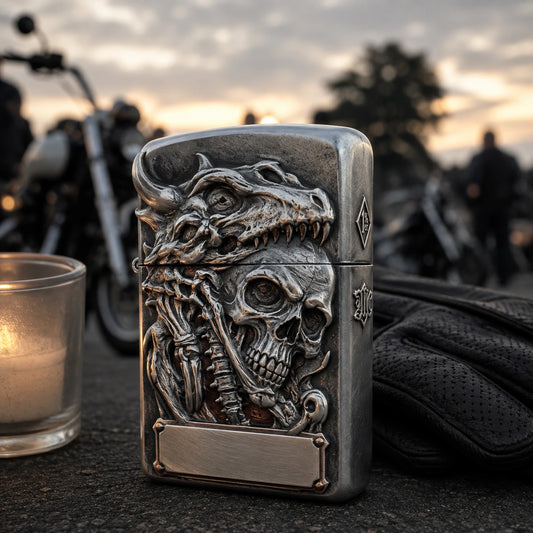 Memorial ride lighter with authorized club emblem and restrained engraved tribute