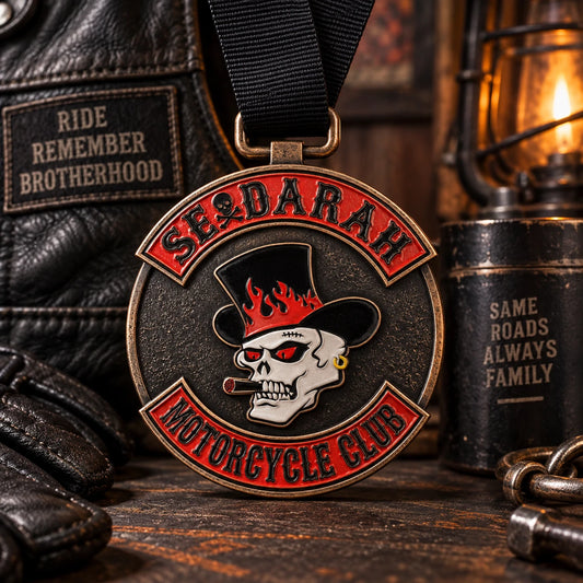 Restrained antique-copper memorial ride medal with respectful black ribbon. Custom motorcycle club medal.