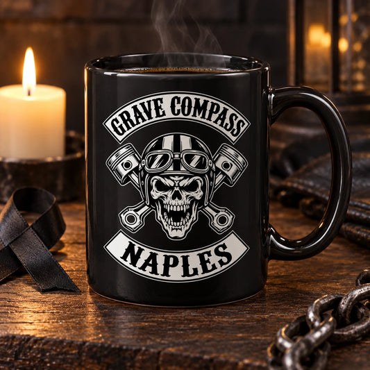 Complete charcoal ceramic memorial ride mug with club emblem, subtle black ribbon and respectful candlelight, no people.