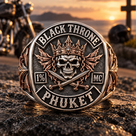 Memorial Ride Rings designed from an authorized motorcycle club emblem in 925 Sterling Silver + Red Copper natural metal tones.