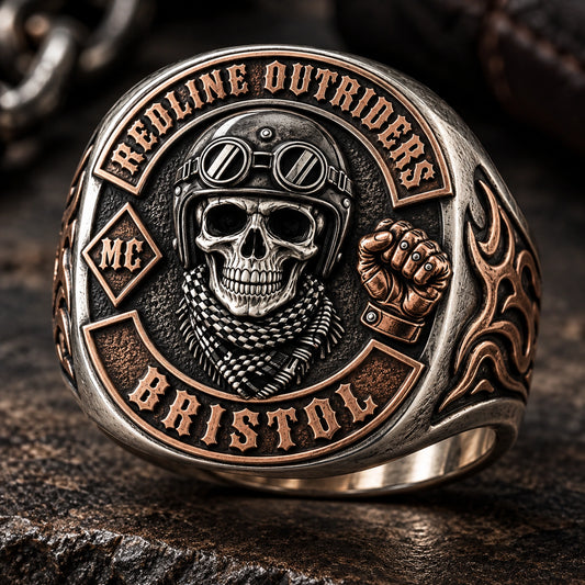 Memorial Rings designed from an authorized motorcycle club emblem in 925 Sterling Silver + Red Copper natural metal tones.