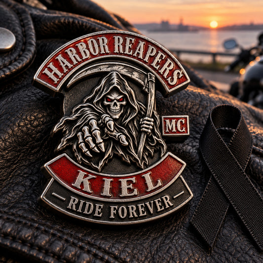 HARBOR REAPERS memorial pin with sculpted reaper relief and an integrated RIDE FOREVER tribute band.