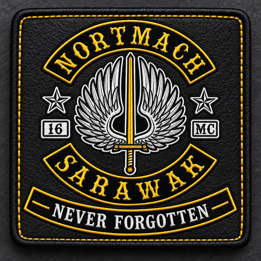 Custom motorcycle memorial patch with a restrained remembrance-message area.
