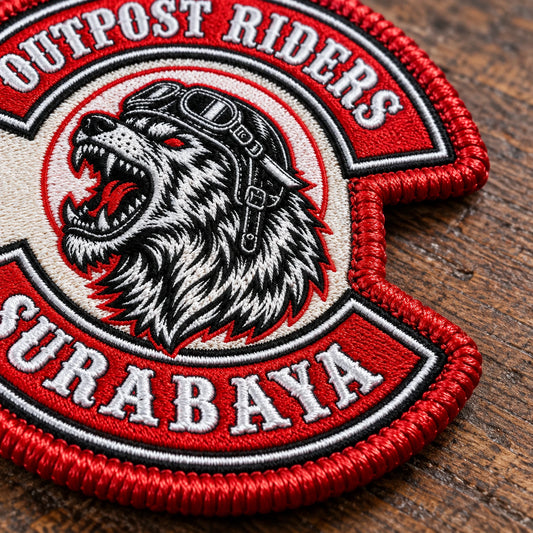 Shield chest patch with thick merrowed border for a motorcycle club, shown at embroidered edge inspection surface.