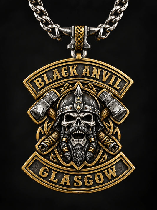 Two-Metal Pendant represented by a unique custom motorcycle-club pendant with complete chain and sculptural mixed-metal architecture.