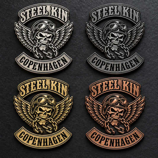 Custom biker pin demonstrating an antique metal finish.