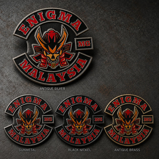 Custom biker pin demonstrating an antique metal finish.